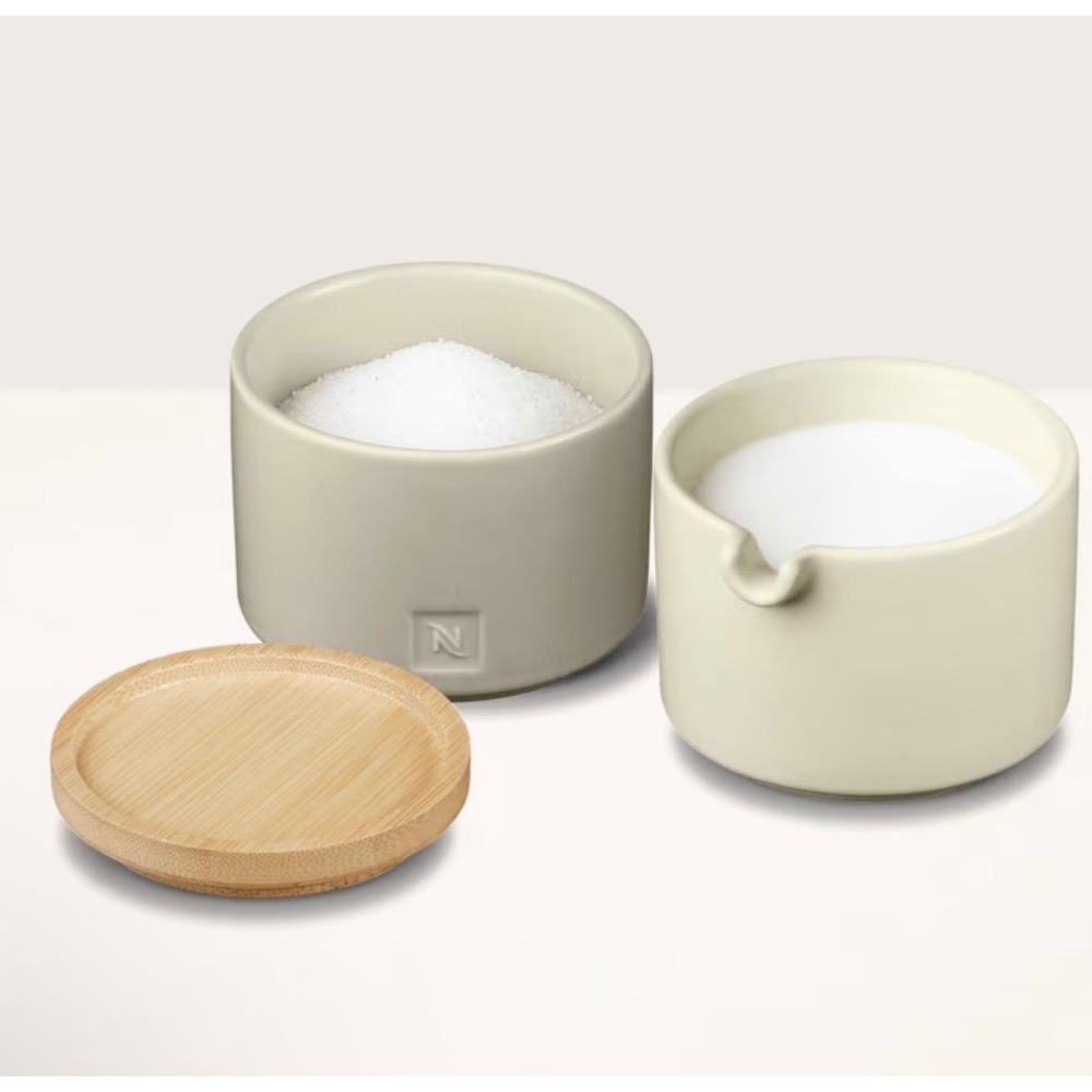 NEW Nespresso Barista Collection Serving Set Grey Stackable Stoneware Bamboo